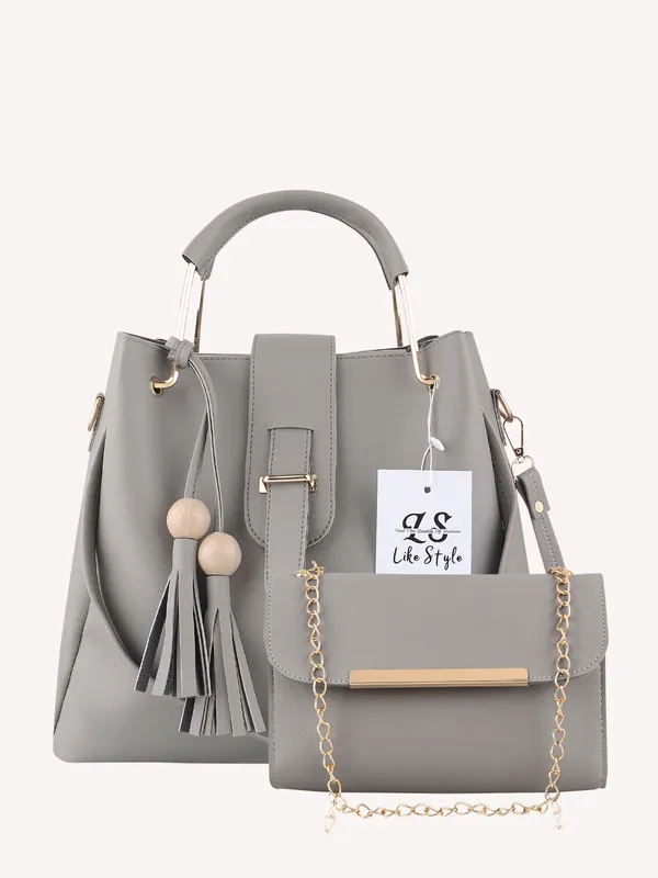 Grey_PU_Leather_Closure_Flap_&_Zip_Sling_Bag_Set_Of_2_(_29_*_23_*_9_Cm)