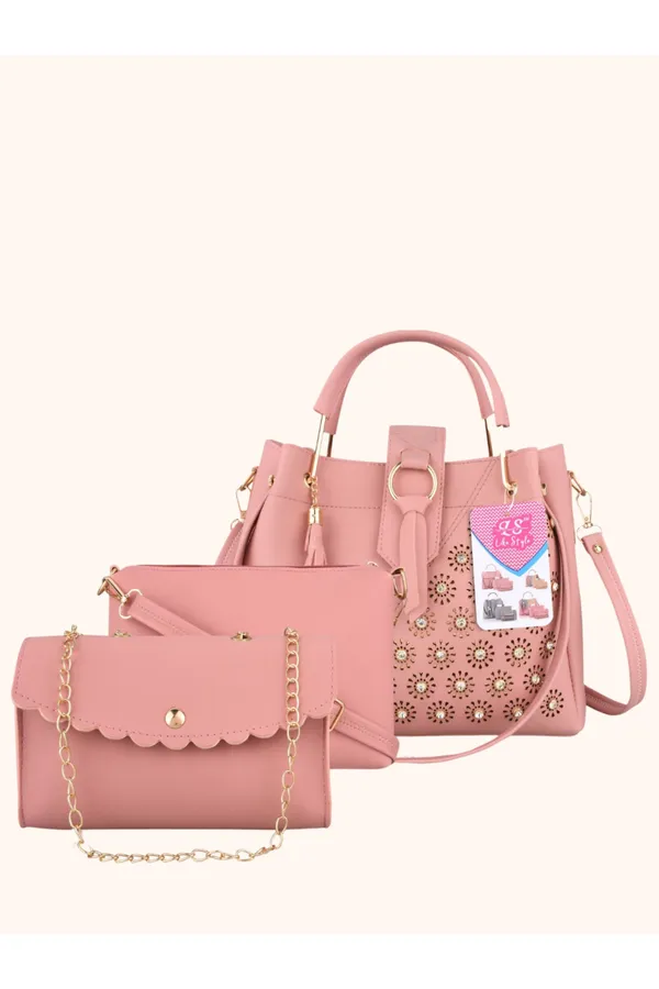 Pink_PU_Leather_Closure_Flap_&_Zip_Handheld_Set_Of_3_(_29_*_23_*_9_Cm)