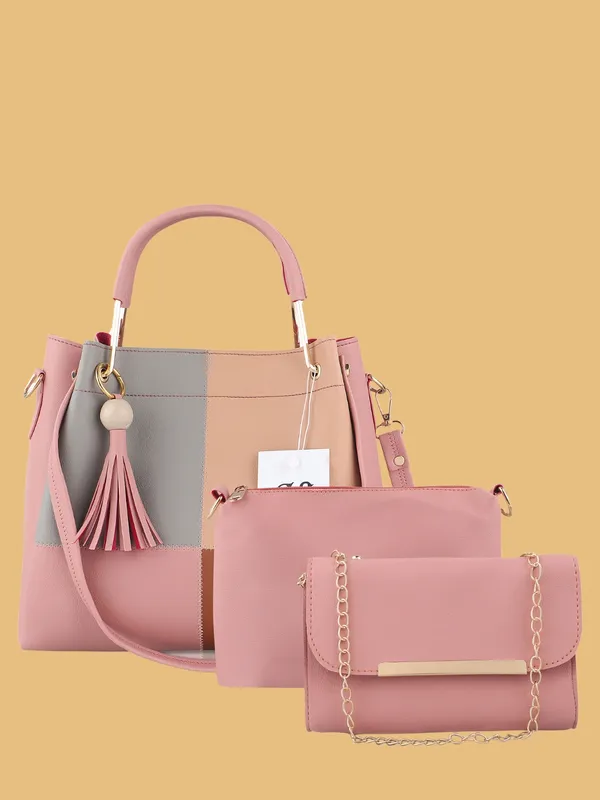 Pink_PU_Leather_Closure_Zip_Shoulder_Bag_Set_Of_3_(_29_*_23_*_9_Cm)