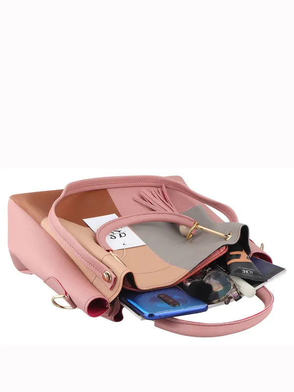 Pink_PU_Leather_Closure_Zip_Shoulder_Bag_Set_Of_3_(_29_*_23_*_9_Cm)