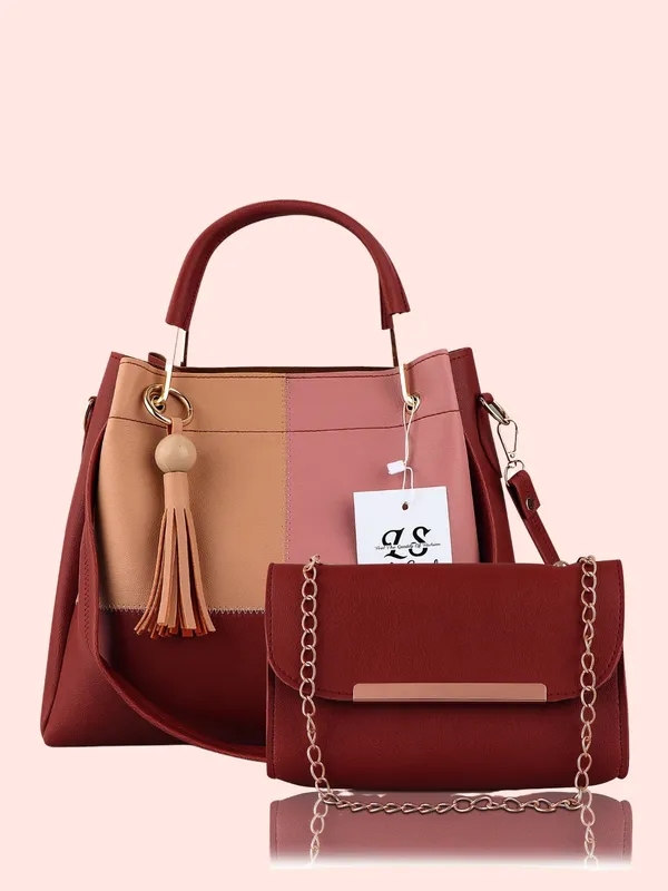 Maroon_PU_Leather_Closure_Zip_Sling_Bag_Set_Of_2_(_29_*_23_*_9_Cm)