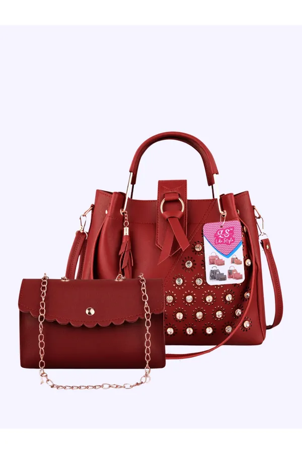 Maroon_PU_Leather_Closure_Flap_&_Zip_Sling_Bag_Set_Of_2_(_29_*_23_*_9_Cm)