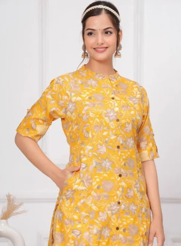 Cotton_Floral_Mandarin_Neck_Straight_Yellow_Kurta_With_Trousers