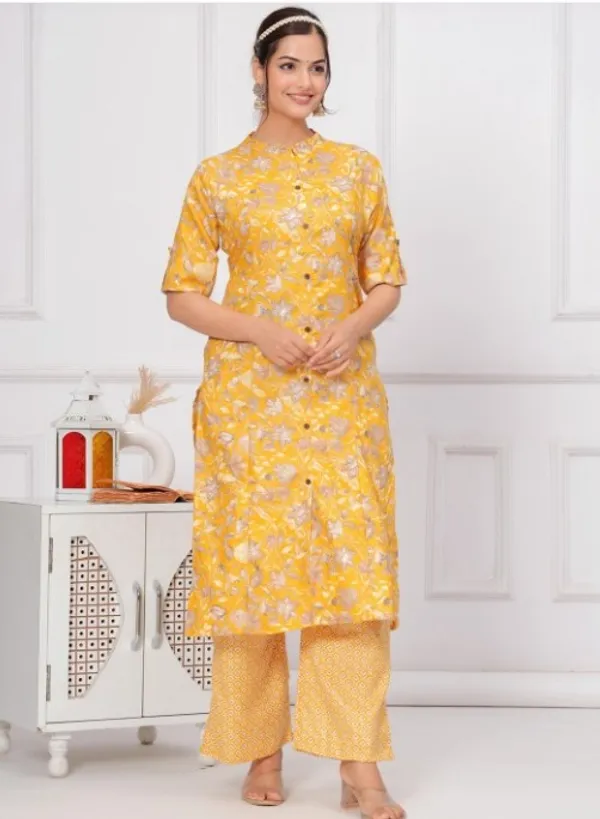 Cotton_Floral_Mandarin_Neck_Straight_Yellow_Kurta_With_Trousers