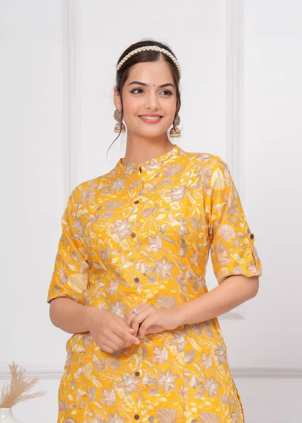Cotton_Floral_Mandarin_Neck_Straight_Yellow_Kurta_With_Trousers