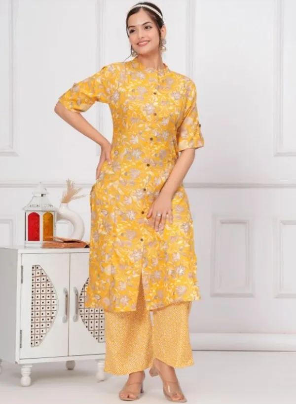 Cotton_Floral_Mandarin_Neck_Straight_Yellow_Kurta_With_Trousers