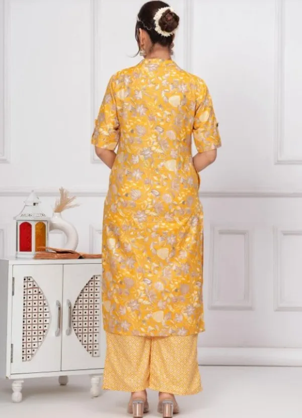 Cotton_Floral_Mandarin_Neck_Straight_Yellow_Kurta_With_Trousers