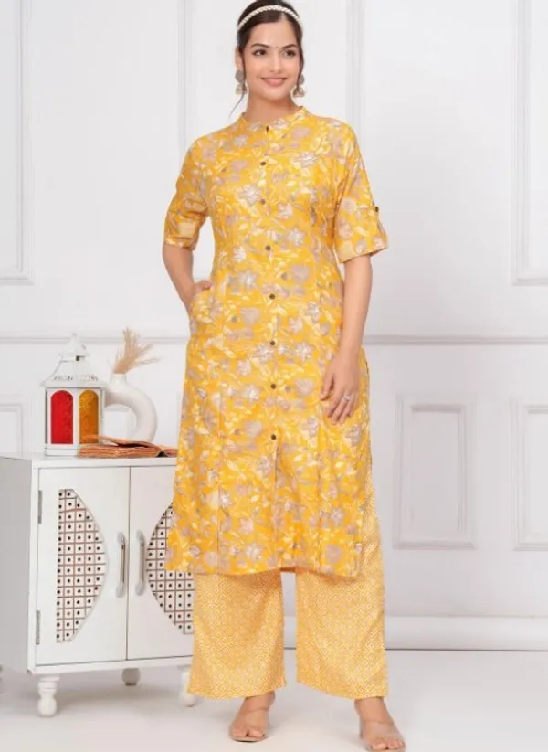 Cotton_Floral_Mandarin_Neck_Straight_Yellow_Kurta_With_Trousers