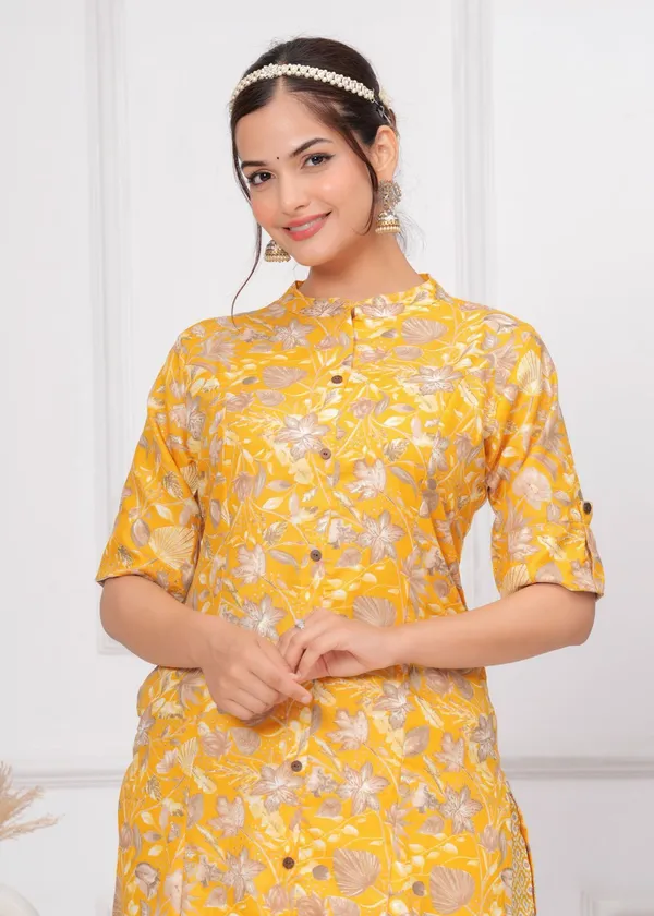 Cotton_Floral_Mandarin_Neck_Straight_Yellow_Kurta_With_Trousers