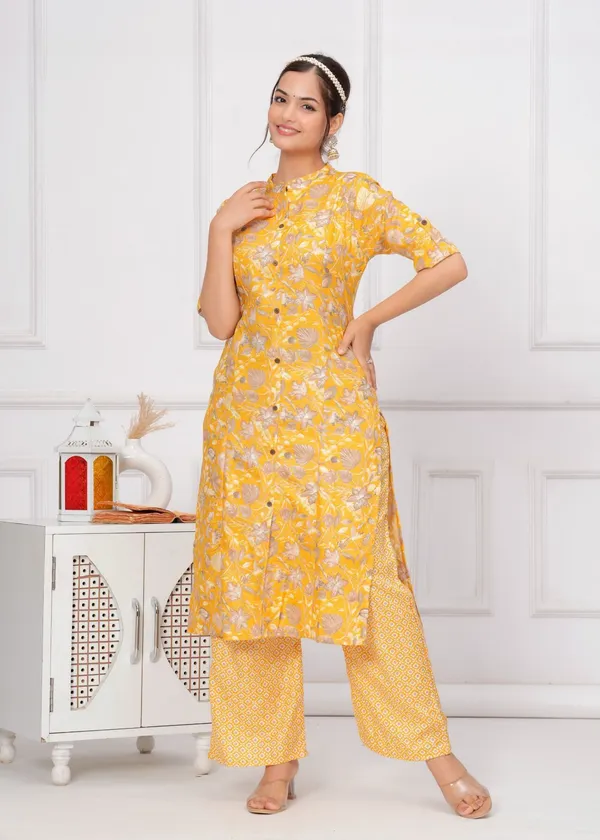 Cotton_Floral_Mandarin_Neck_Straight_Yellow_Kurta_With_Trousers