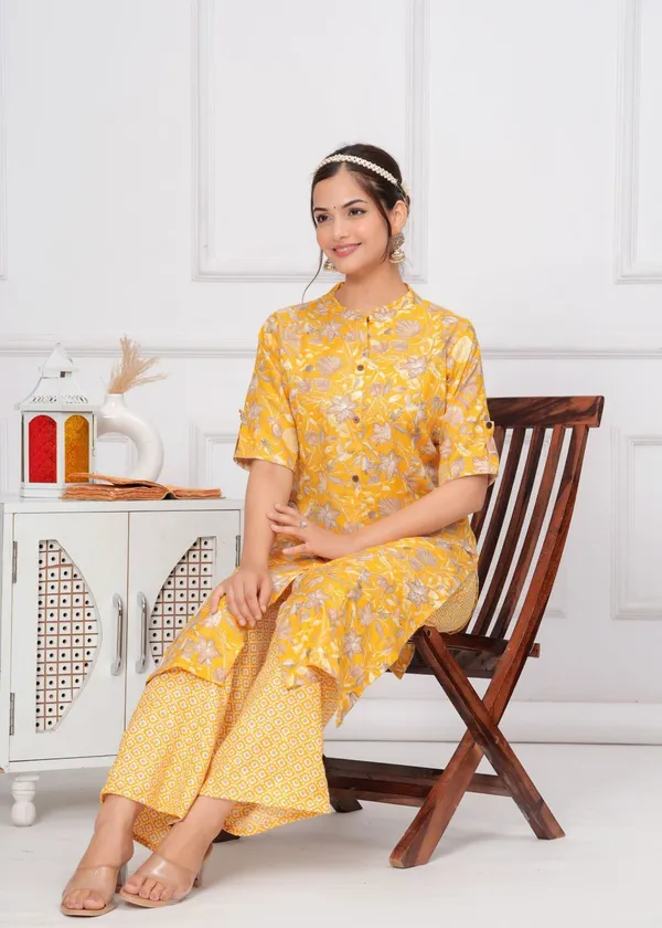 Cotton_Floral_Mandarin_Neck_Straight_Yellow_Kurta_With_Trousers