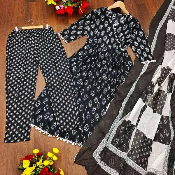 Beautiful_Full_Ghera_Anarkali_Black_Cotton_Gown_with_Pom_Pom_Border_with_full_dupatta