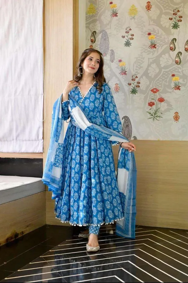 Beautiful_Full_Ghera_Anarkali_Blue_Cotton_Gown_with_Pom_Pom_Border_with_full_dupatta