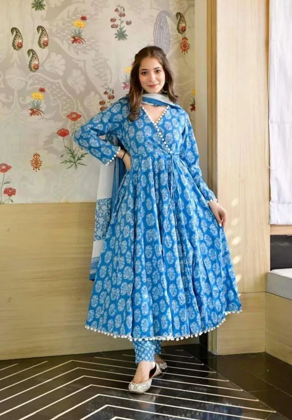 Beautiful_Full_Ghera_Anarkali_Blue_Cotton_Gown_with_Pom_Pom_Border_with_full_dupatta