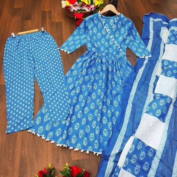 Beautiful_Full_Ghera_Anarkali_Blue_Cotton_Gown_with_Pom_Pom_Border_with_full_dupatta