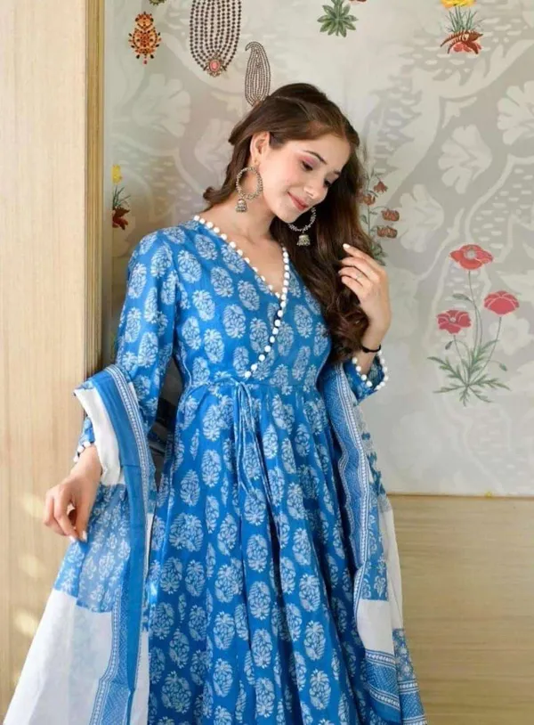 Beautiful_Full_Ghera_Anarkali_Blue_Cotton_Gown_with_Pom_Pom_Border_with_full_dupatta