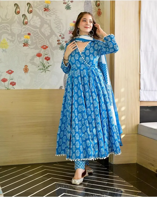 Beautiful_Full_Ghera_Anarkali_Blue_Cotton_Gown_with_Pom_Pom_Border_with_full_dupatta