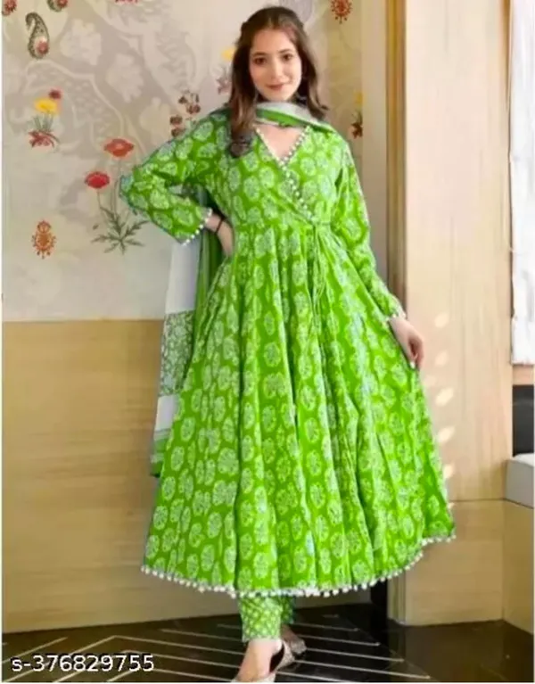 Beautiful_Full_Ghera_Anarkali_Green_Cotton_Gown_with_Pom_Pom_Border_with_full_dupatta