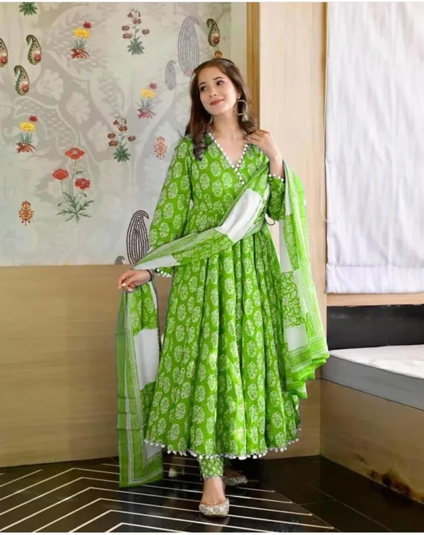Beautiful_Full_Ghera_Anarkali_Green_Cotton_Gown_with_Pom_Pom_Border_with_full_dupatta