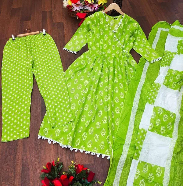 Beautiful_Full_Ghera_Anarkali_Green_Cotton_Gown_with_Pom_Pom_Border_with_full_dupatta