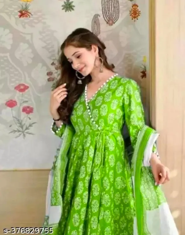 Beautiful_Full_Ghera_Anarkali_Green_Cotton_Gown_with_Pom_Pom_Border_with_full_dupatta