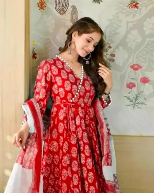 Beautiful_Full_Ghera_Anarkali_Red_Cotton_Gown_with_Pom_Pom_Border_with_full_dupatta