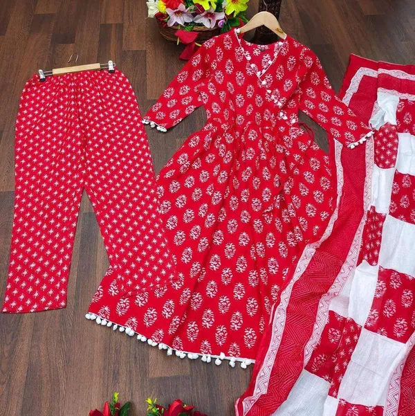 Beautiful_Full_Ghera_Anarkali_Red_Cotton_Gown_with_Pom_Pom_Border_with_full_dupatta