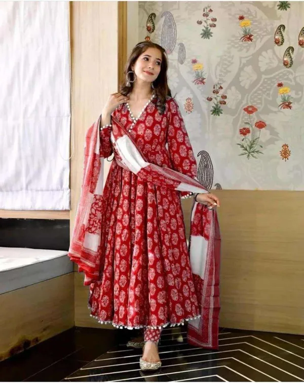 Beautiful_Full_Ghera_Anarkali_Red_Cotton_Gown_with_Pom_Pom_Border_with_full_dupatta