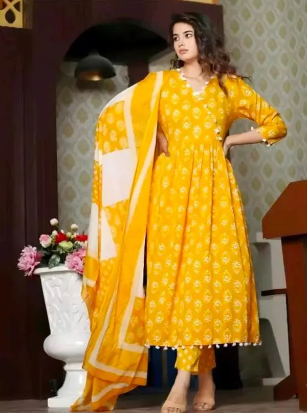Beautiful_Full_Ghera_Anarkali_Yellow_Cotton_Gown_with_Pom_Pom_Border_with_full_dupatta
