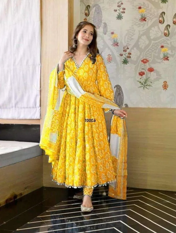 Beautiful_Full_Ghera_Anarkali_Yellow_Cotton_Gown_with_Pom_Pom_Border_with_full_dupatta