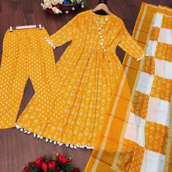 Beautiful_Full_Ghera_Anarkali_Yellow_Cotton_Gown_with_Pom_Pom_Border_with_full_dupatta
