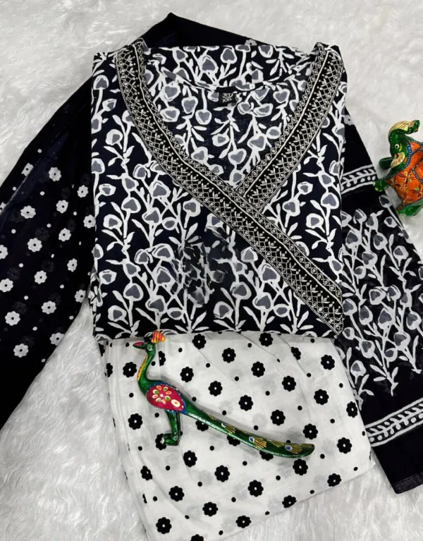 Black_pure_cotton_Embroidered_Kurta_&_Pants_with_Dupatta