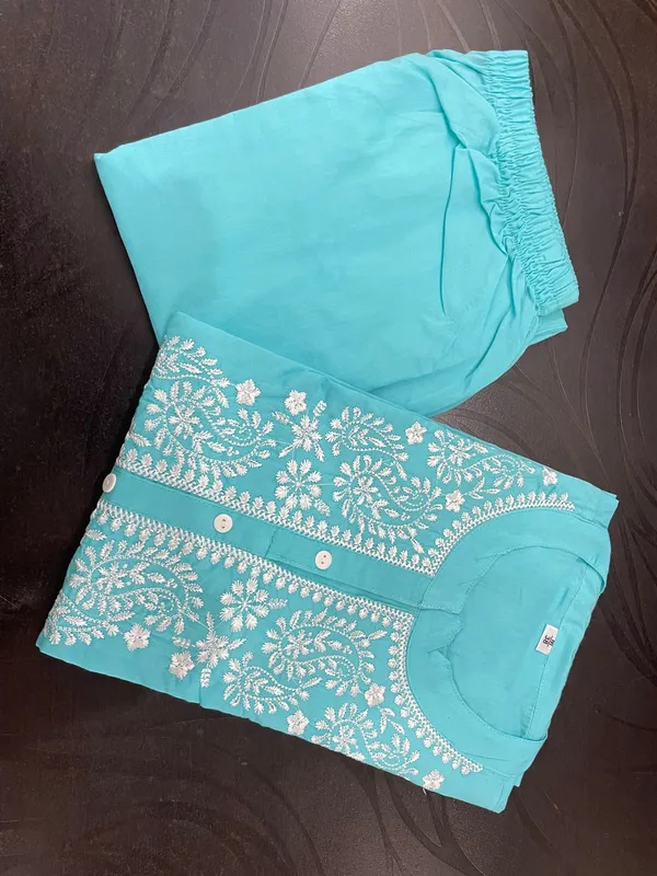 Blue_Embroidered_Straight_Kurti_Pant_Set_Cotton_Salwar_Kameez_for_Women