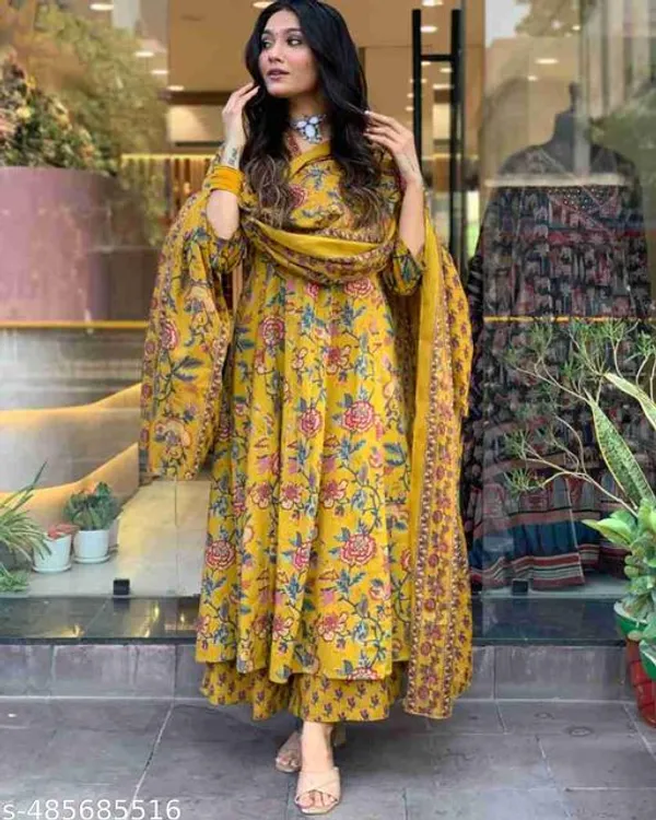 Jaipuri_Yellow__Floral_Block_Printed_Kurta_Palazzo_&_Dupatta_(4_Colors)
