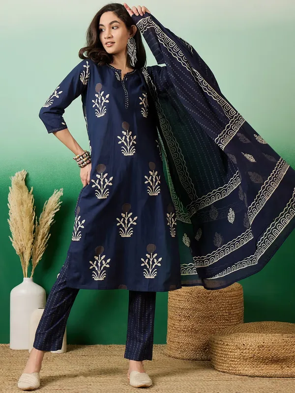 Dark_Blue_Discharge_print_with_Round_neck_embroidered_cotton_kurta_sets