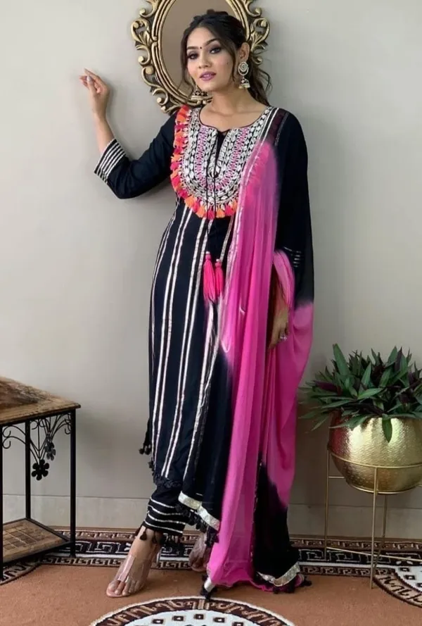 Ethnic_Black_Rayon_Gotta_Patti_Embroidered__Kurta_Bottom_with_Pom-Pom_Dupatta_Set