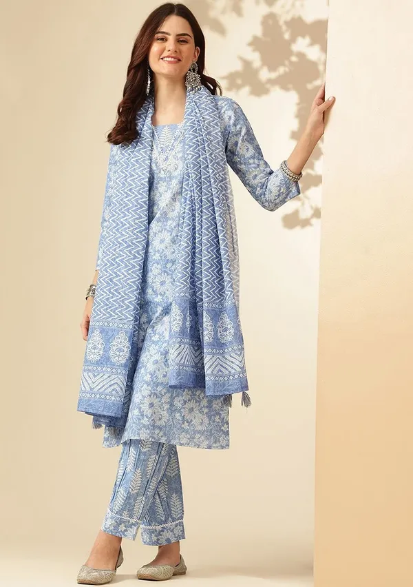 Floral_Printed_V-Neck_A-Line_Blue_Kurta_With_Salwar_&_Dupatta