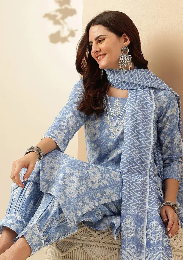 Floral_Printed_V-Neck_A-Line_Blue_Kurta_With_Salwar_&_Dupatta