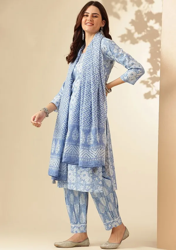 Floral_Printed_V-Neck_A-Line_Blue_Kurta_With_Salwar_&_Dupatta