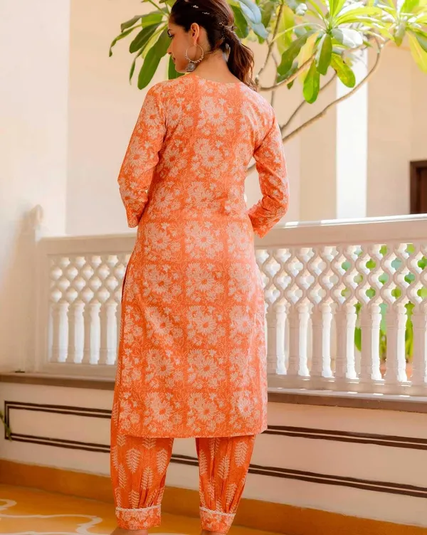 Floral_Printed_V-Neck_A-Line_Orange_Kurta_With_Salwar_&_Dupatta