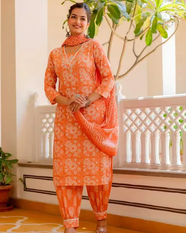 Floral_Printed_V-Neck_A-Line_Orange_Kurta_With_Salwar_&_Dupatta