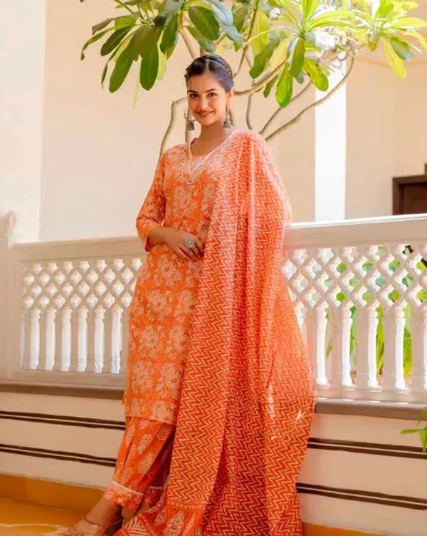 Floral_Printed_V-Neck_A-Line_Orange_Kurta_With_Salwar_&_Dupatta