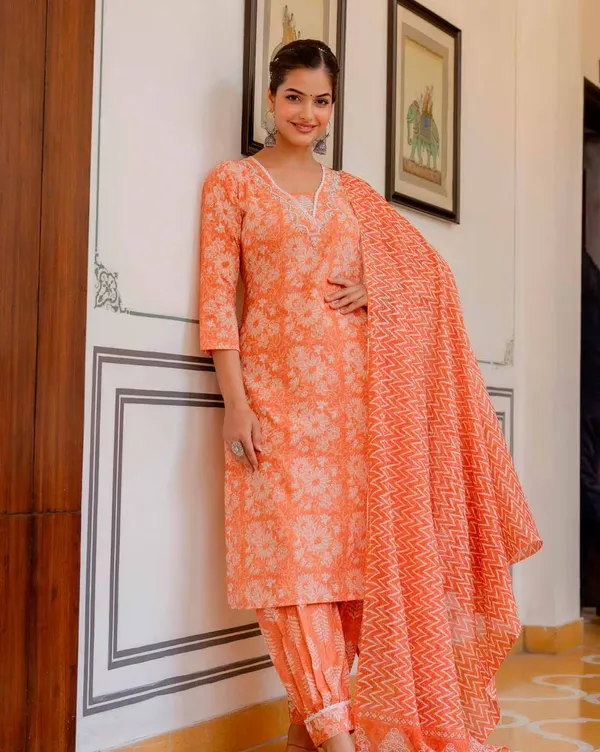 Floral_Printed_V-Neck_A-Line_Orange_Kurta_With_Salwar_&_Dupatta