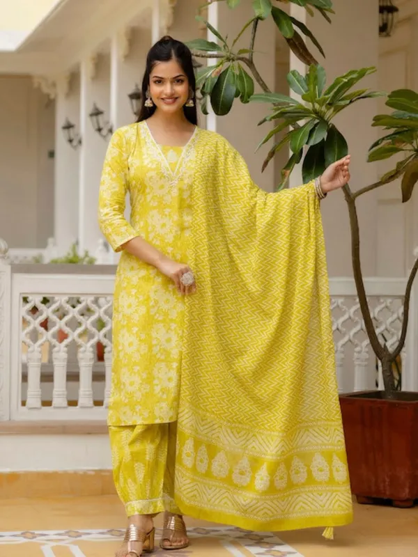 Floral_Printed_V-Neck_A-Line_Yellow_Kurta_With_Salwar_&_Dupatta