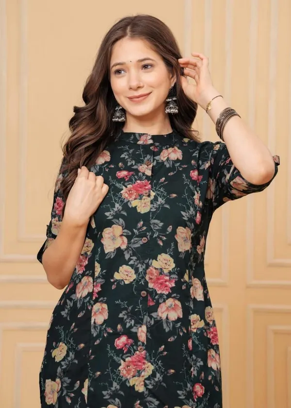Women's_Green_Floral_Print_Cotton_A-Line_Kurta_Set_with_Collar_Neck,_Pocket_in_Kurta