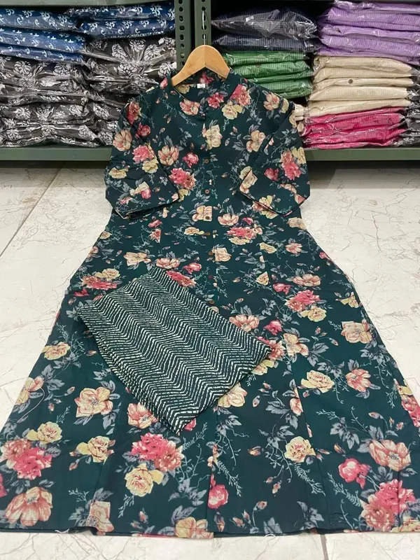Women's_Green_Floral_Print_Cotton_A-Line_Kurta_Set_with_Collar_Neck,_Pocket_in_Kurta