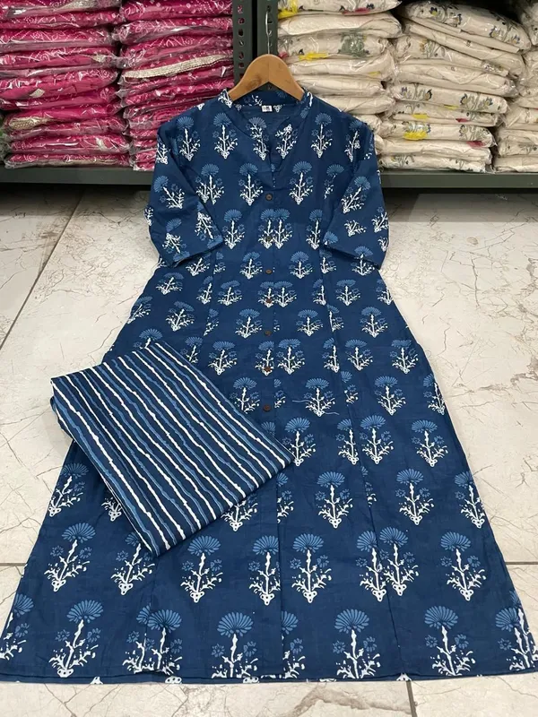 Blue_Floral_Print_Cotton_Trending_Aline_Salwar_Kameez_Suit_Dress_Kurti_Pant_Set