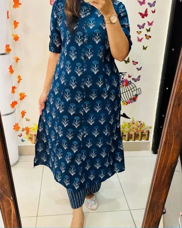 Blue_Floral_Print_Cotton_Trending_Aline_Salwar_Kameez_Suit_Dress_Kurti_Pant_Set
