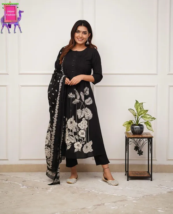 Black_Beautiful_Cotton_Floral_Print_With_Pintex_Work_Kurta_Set_For_Women