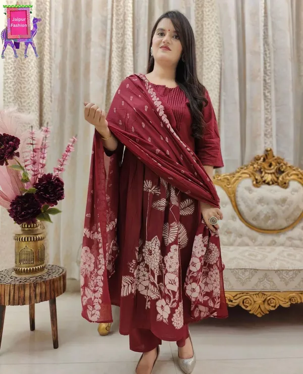Maroon_Beautiful_Cotton_Floral_Print_With_Pintex_Work_Kurta_Set_For_Women